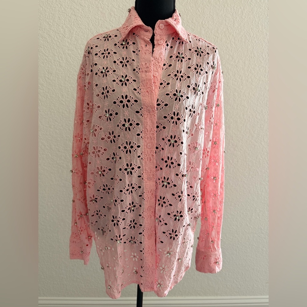 Maje Pink Embroidered Lace Shirt | Floral Openwork Top with Silver Rhinestones